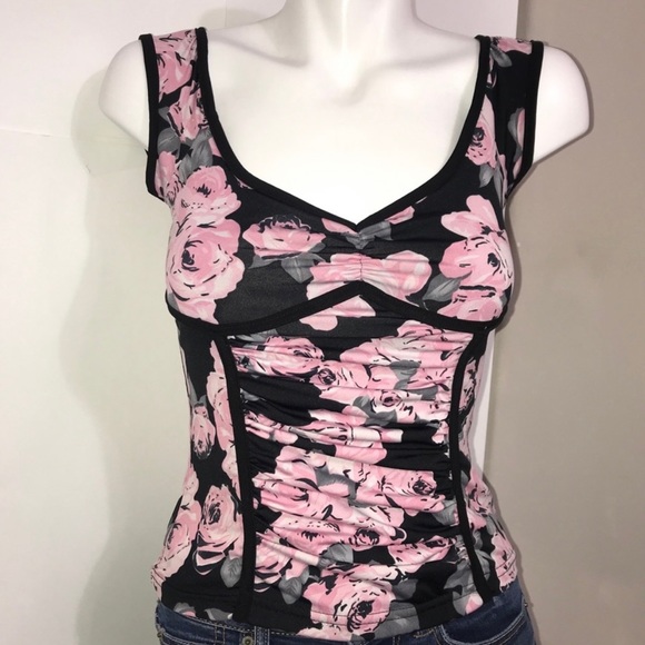 Bizz Girl Black Trim Pink Floral Ruched Tank Top - Picture 1 of 7